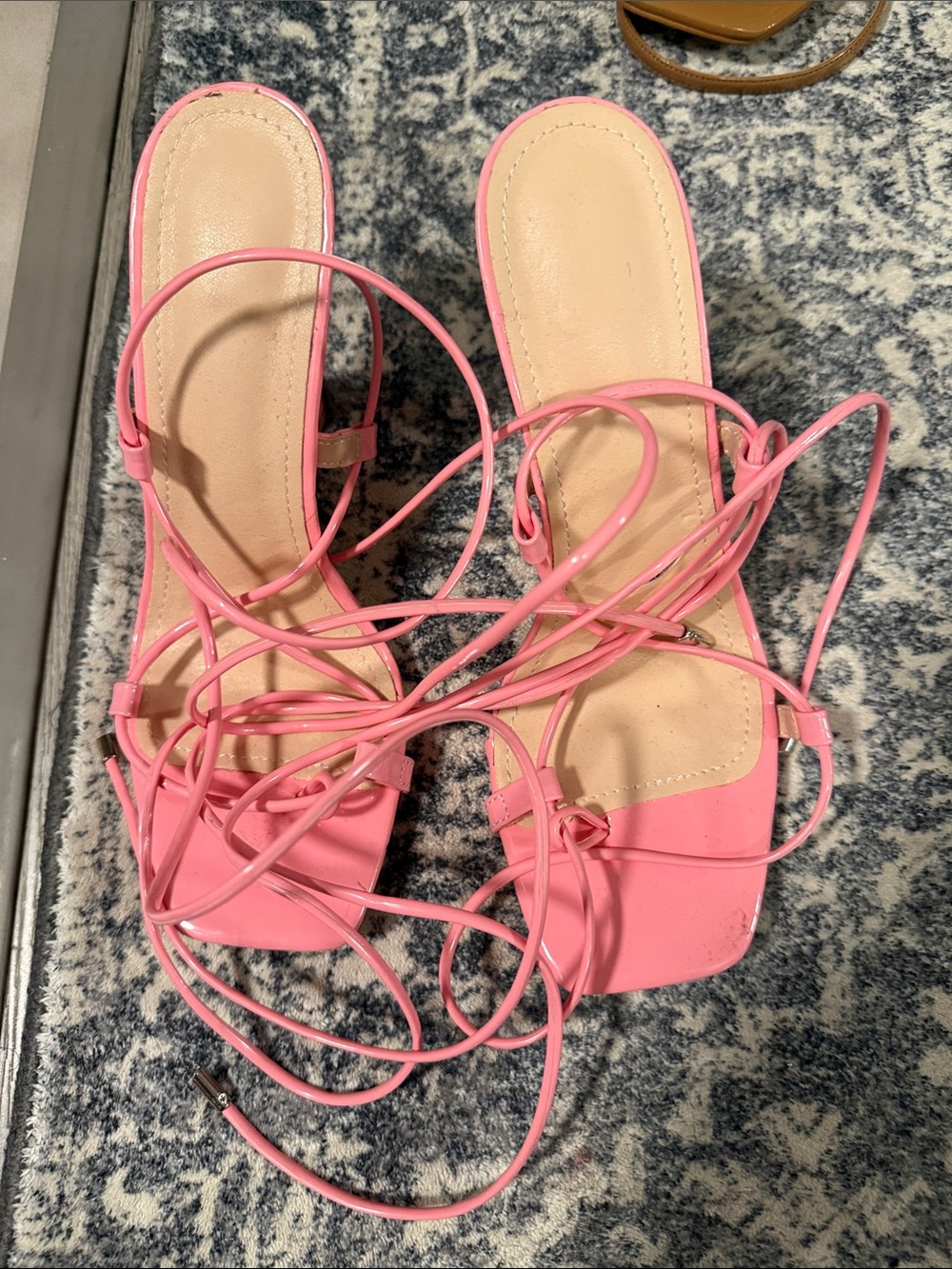 SHEIN Pink Lace-Up Square-Toe Heels